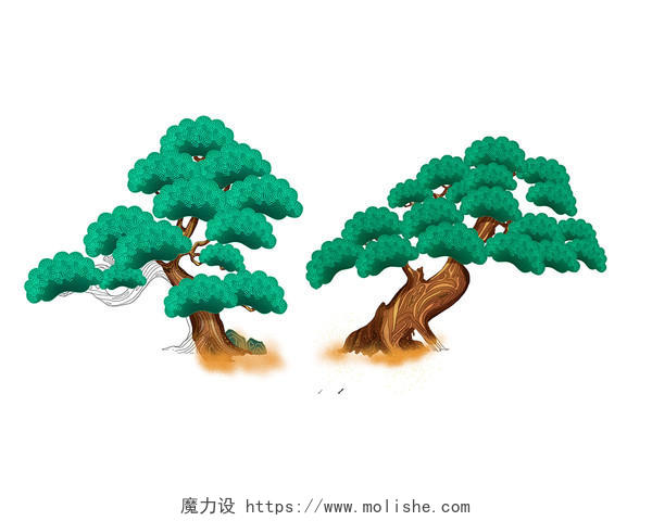 绿色手绘卡通国潮松树树木植物元素PNG素材
